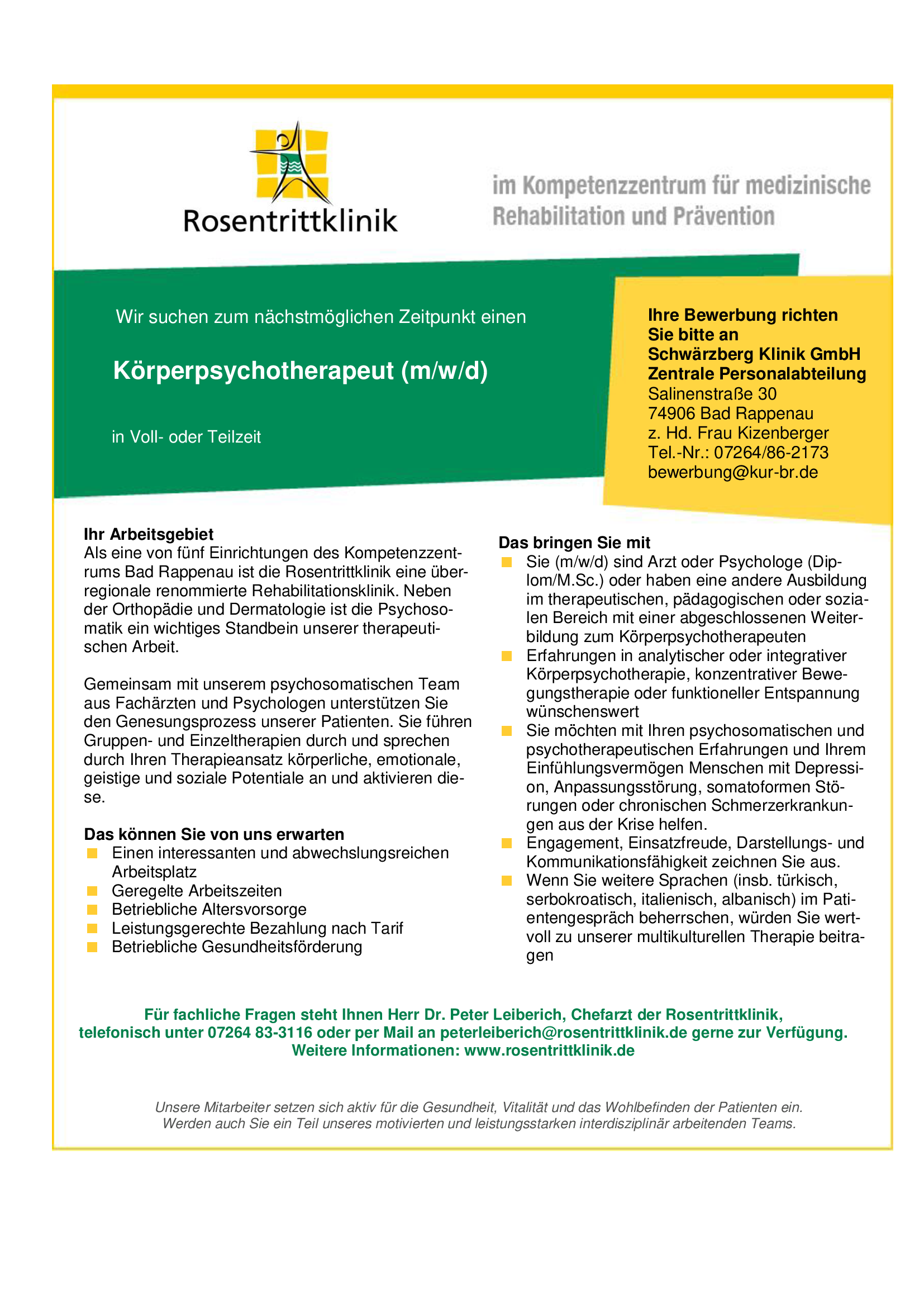 Rosentrittklinik Bad Rappenau: Körperpsychotherapeut (m/w/d)