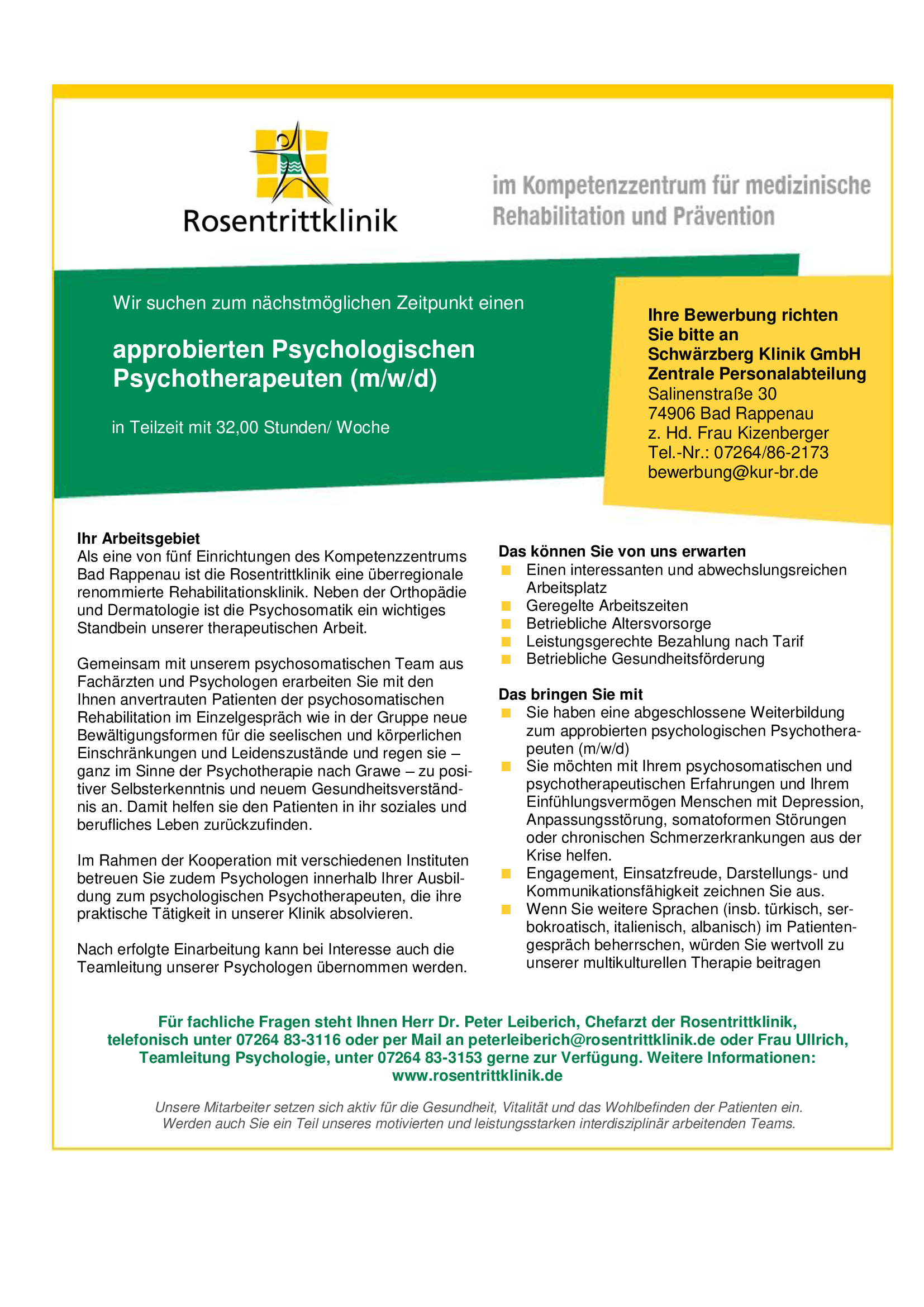 [03/2020] Rosentrittklinik Bad Rappenau: approbierter Psychologischer Psychotherapeut (m/w/d) in Teilzeit